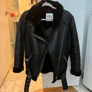 Zara Black Fleece Biker Jacket